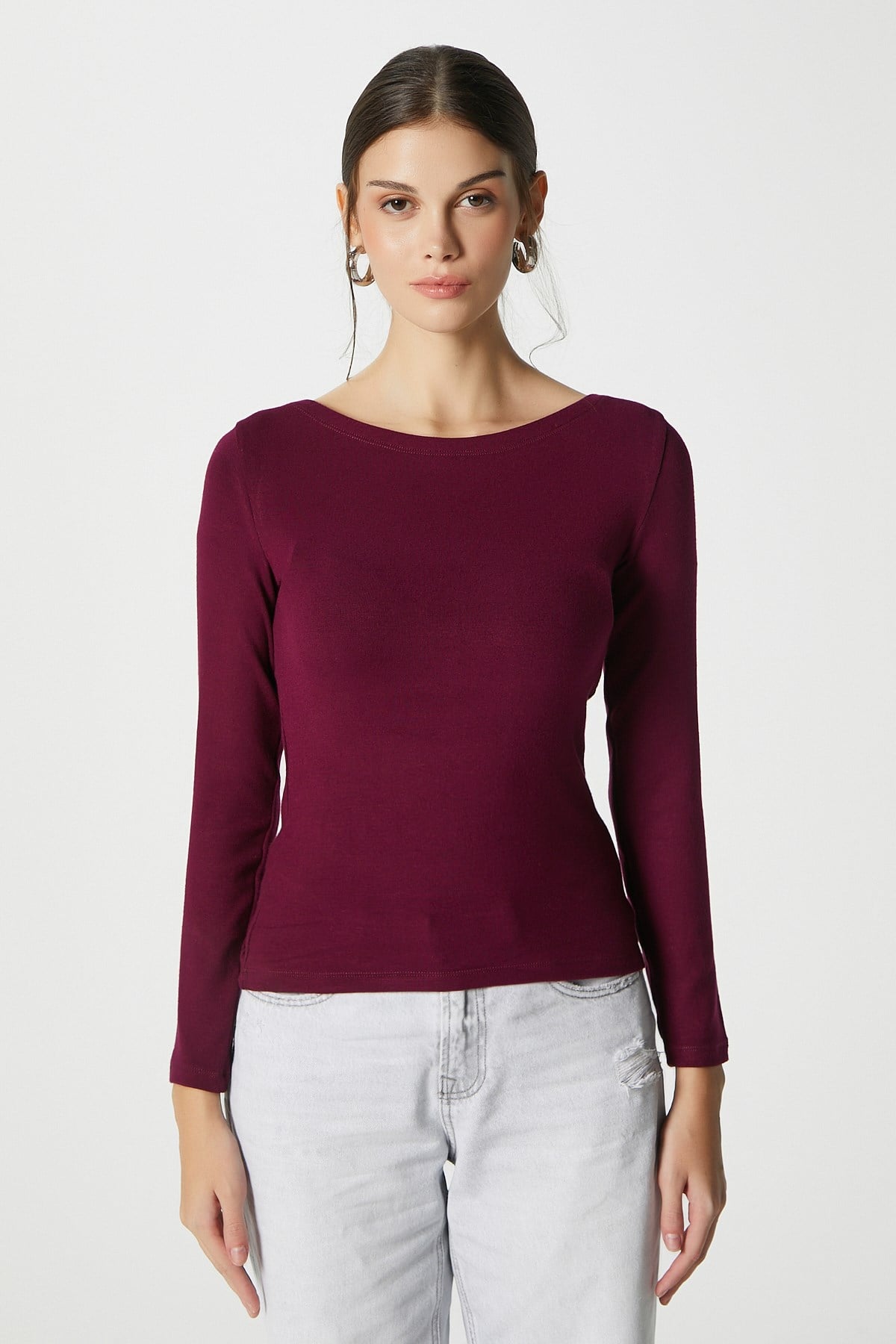 Kayık Yaka Need Uzun Kollu Mürdüm Soft Top / Bluz