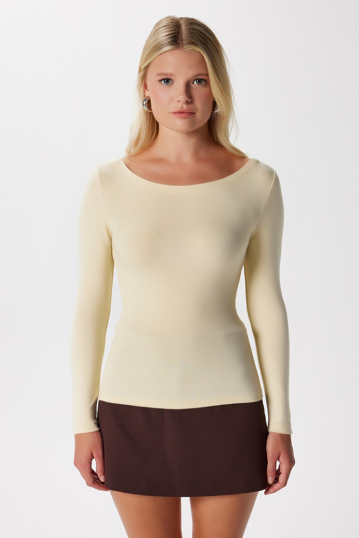Kayık Yaka Need Uzun Kollu Tereyağı Sarısı Soft Top / Bluz