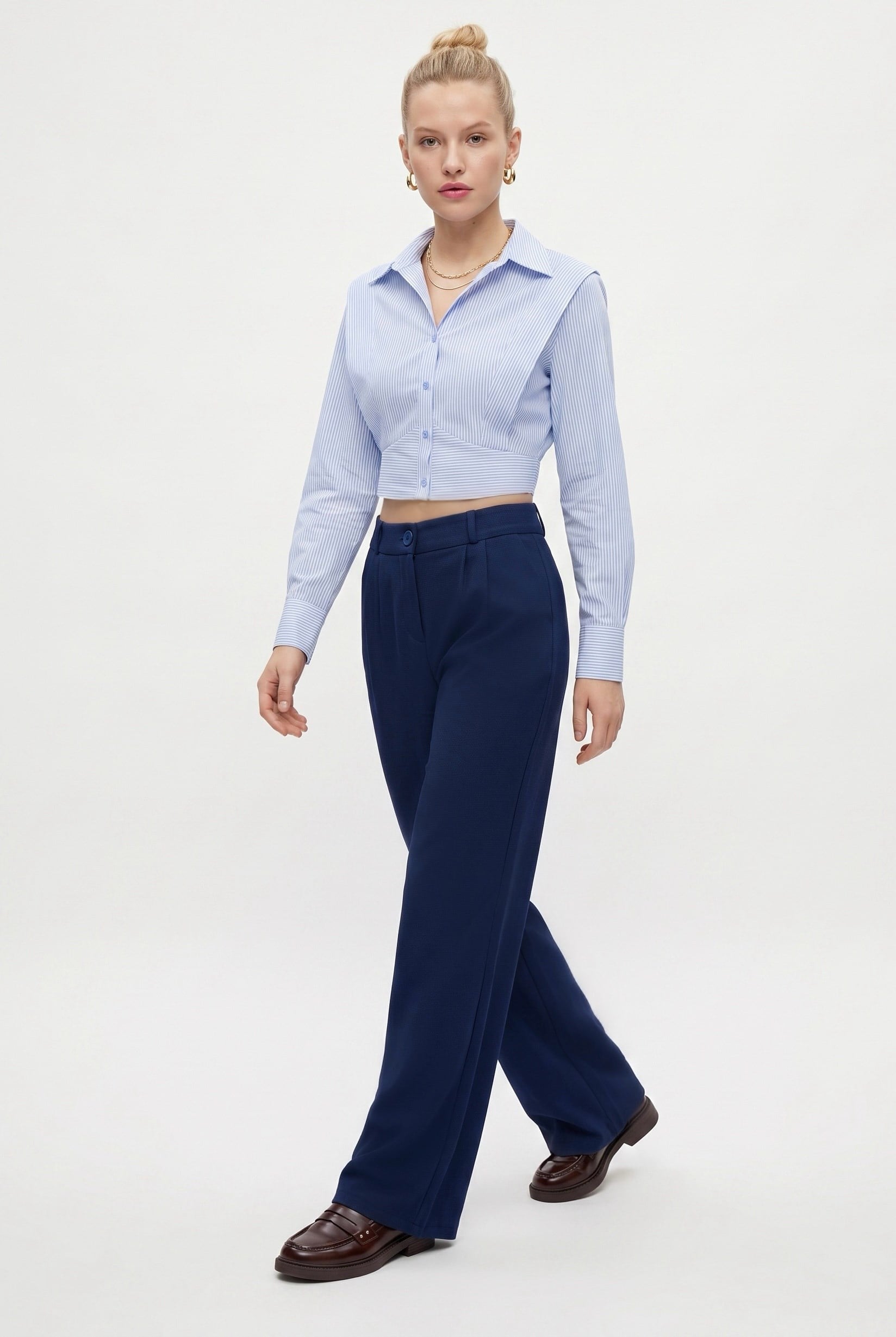 Likra Serisi Flex Bel Lastikli Esnek Lacivert Palazzo Pantolon