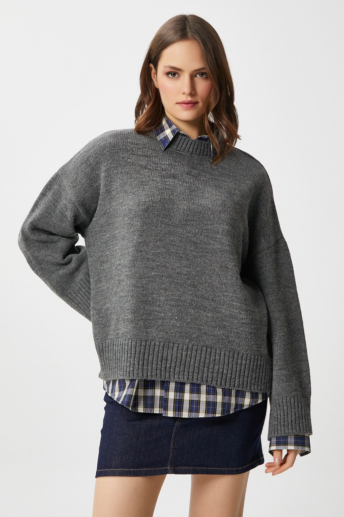 Ritnice Pntrst Antrasit Bisiklet Yaka Oversize Triko Kazak