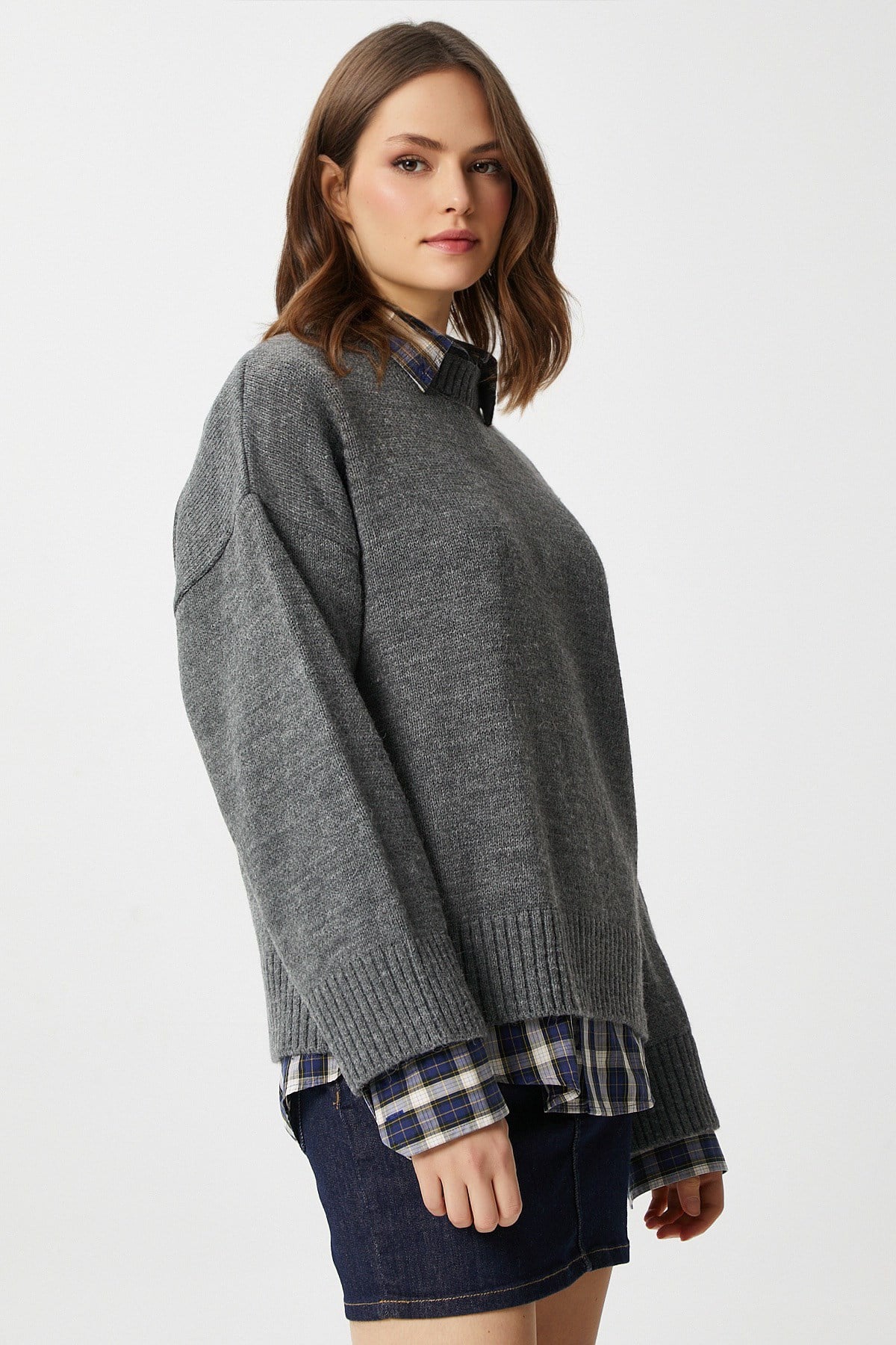 Ritnice Pntrst Antrasit Bisiklet Yaka Oversize Triko Kazak