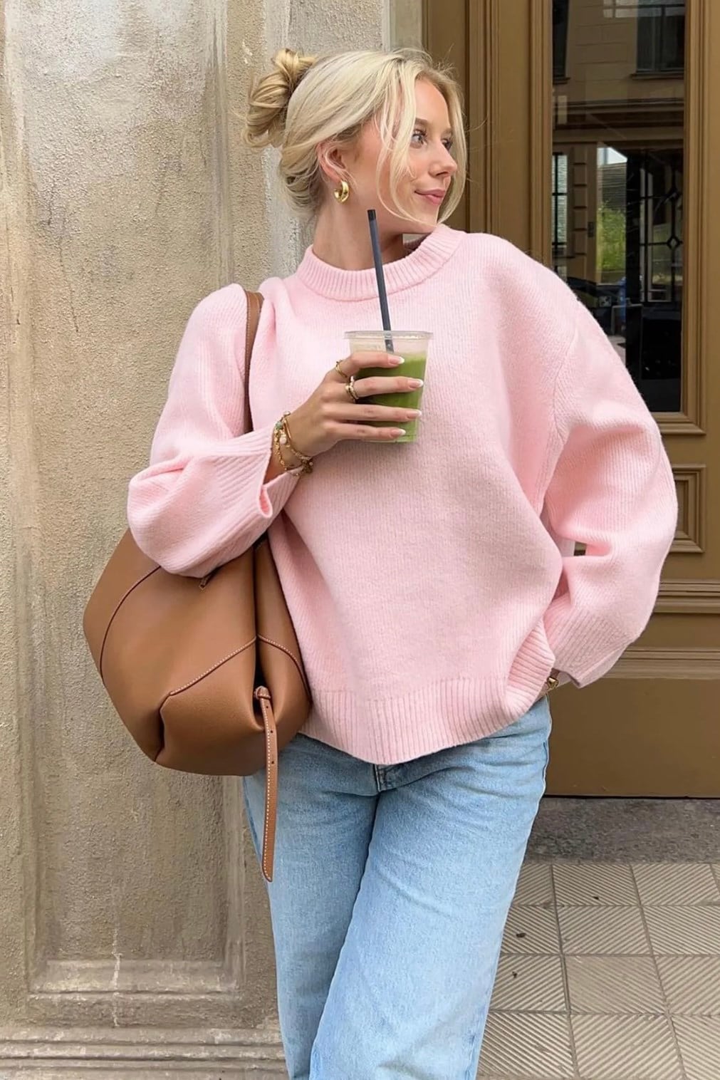 Ritnice Pntrst Pembe Bisiklet Yaka Oversize Triko Kazak