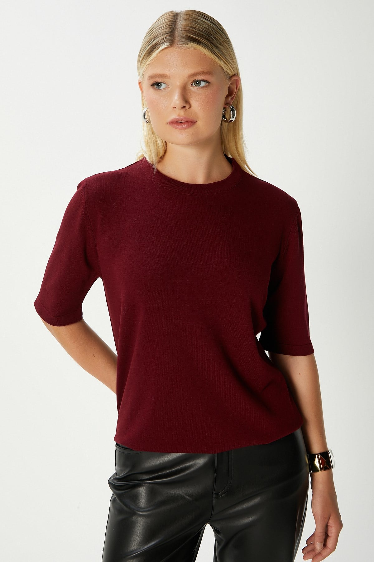 Viscose Doku Next Premium Selection Bordo Yarım Kol Triko Kazak