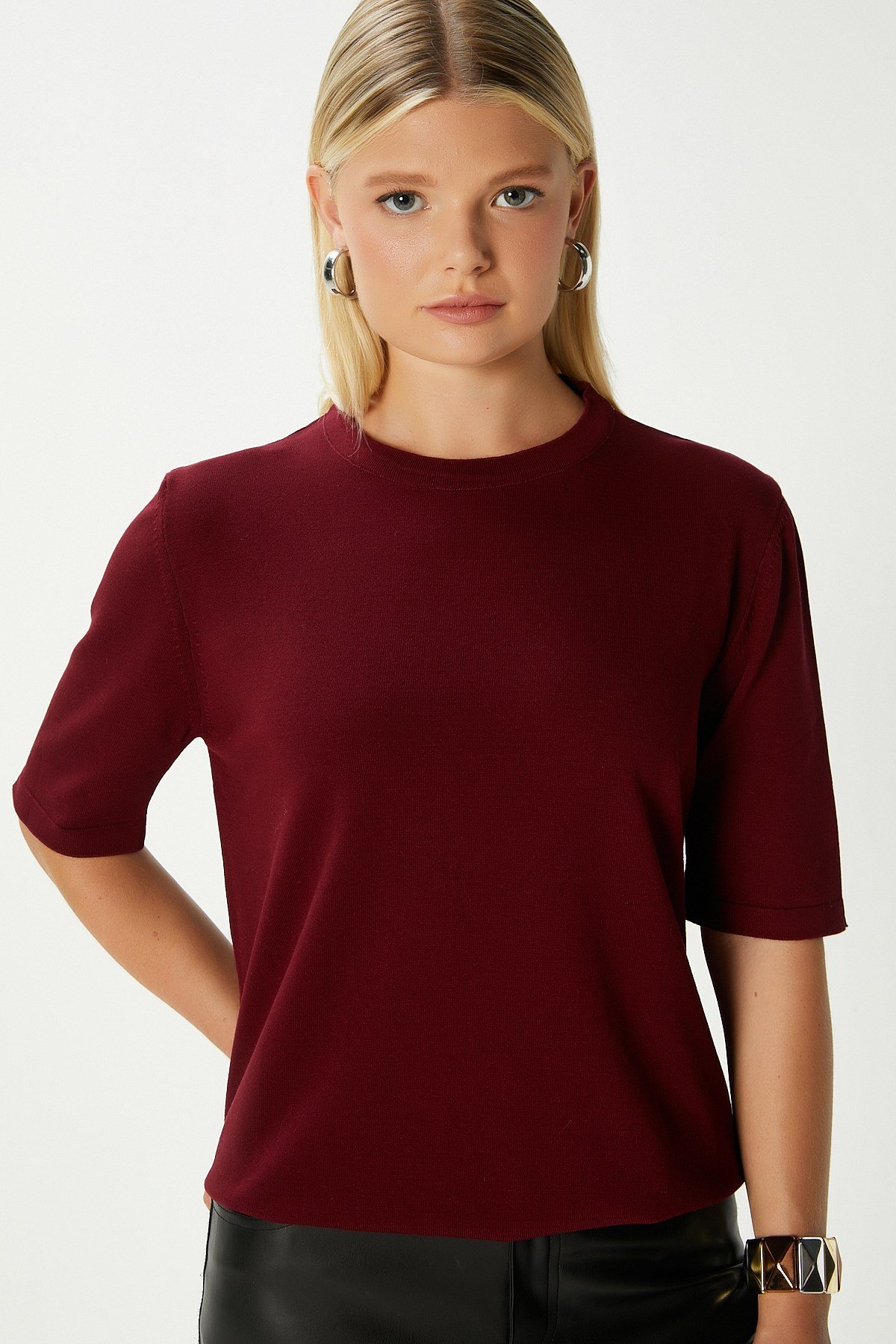 Viscose Doku Next Premium Selection Bordo Yarım Kol Triko Kazak