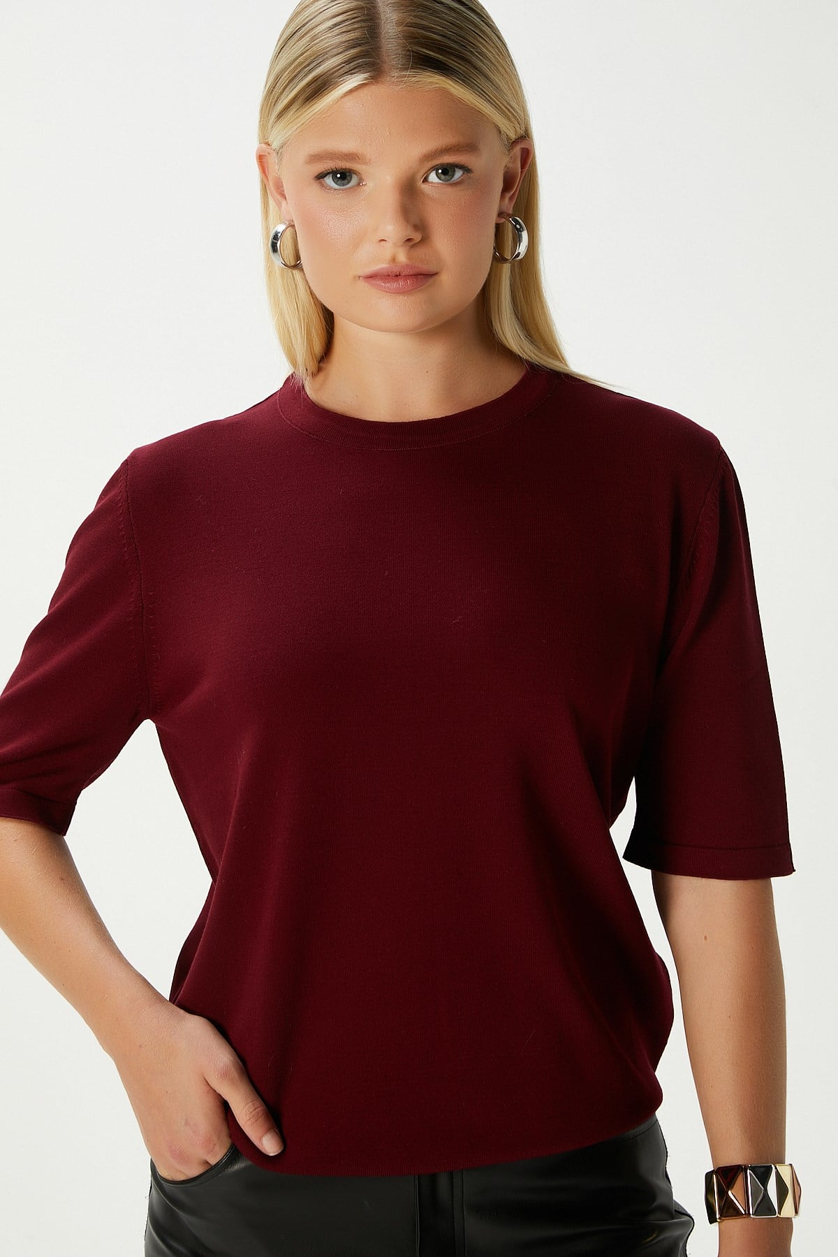 Viscose Doku Next Premium Selection Bordo Yarım Kol Triko Kazak