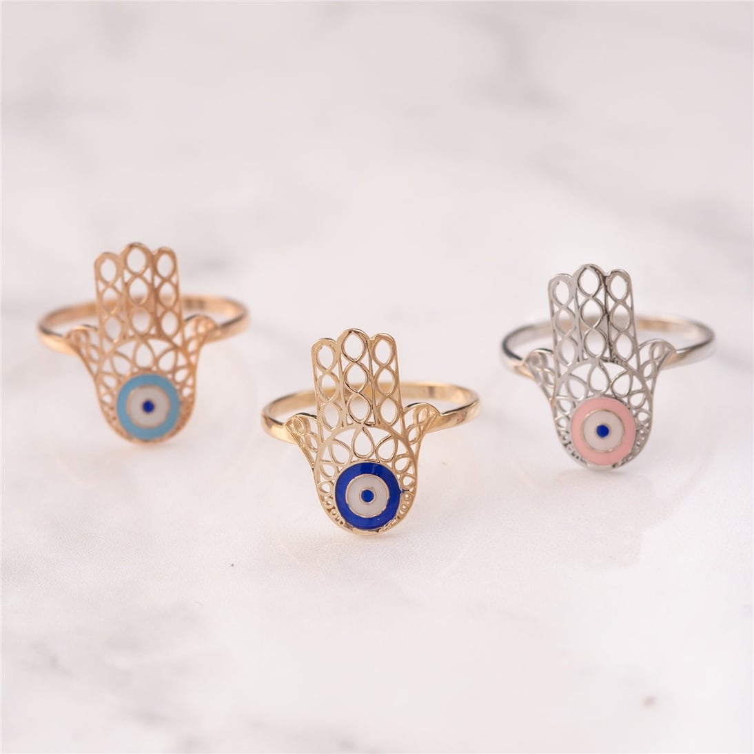 Goldstore-14k 18k Evil Eye Solid Gold Ring Hamsa Ring, Hand of Fatima Gold Ring Enamel Evil Eye Gold Ring, Filigree Real Solid Gold Fatima Hand Ring.