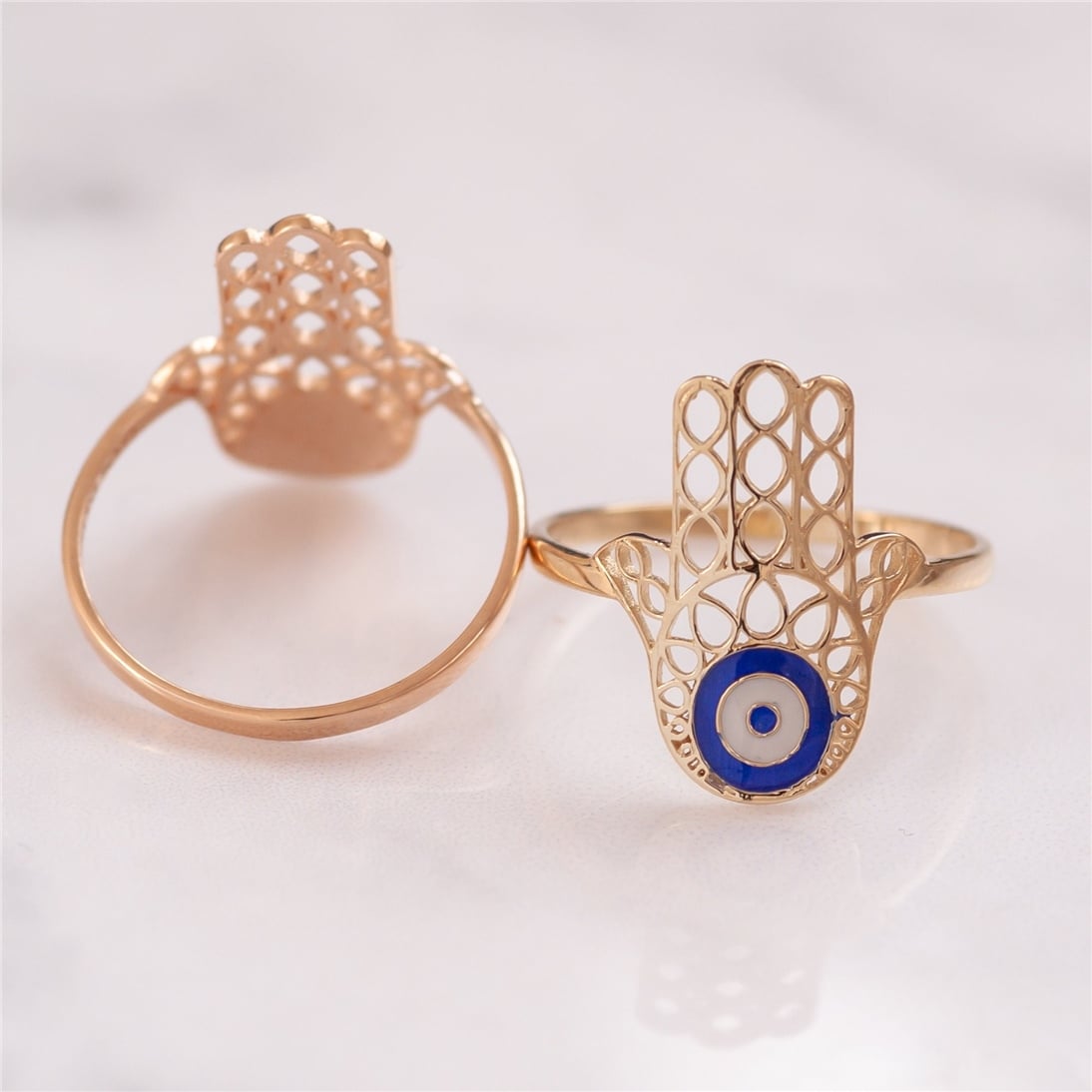 Goldstore-14k 18k Evil Eye Solid Gold Ring Hamsa Ring, Hand of Fatima Gold Ring Enamel Evil Eye Gold Ring, Filigree Real Solid Gold Fatima Hand Ring.