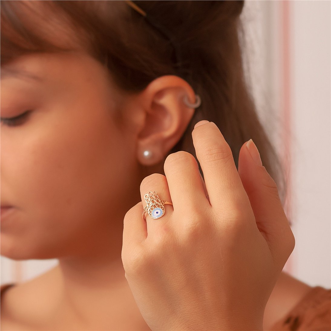 Goldstore-14k 18k Evil Eye Solid Gold Ring Hamsa Ring, Hand of Fatima Gold Ring Enamel Evil Eye Gold Ring, Filigree Real Solid Gold Fatima Hand Ring.