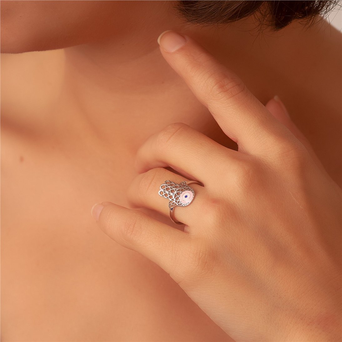 Goldstore-14k 18k Evil Eye Solid Gold Ring Hamsa Ring, Hand of Fatima Gold Ring Enamel Evil Eye Gold Ring, Filigree Real Solid Gold Fatima Hand Ring.