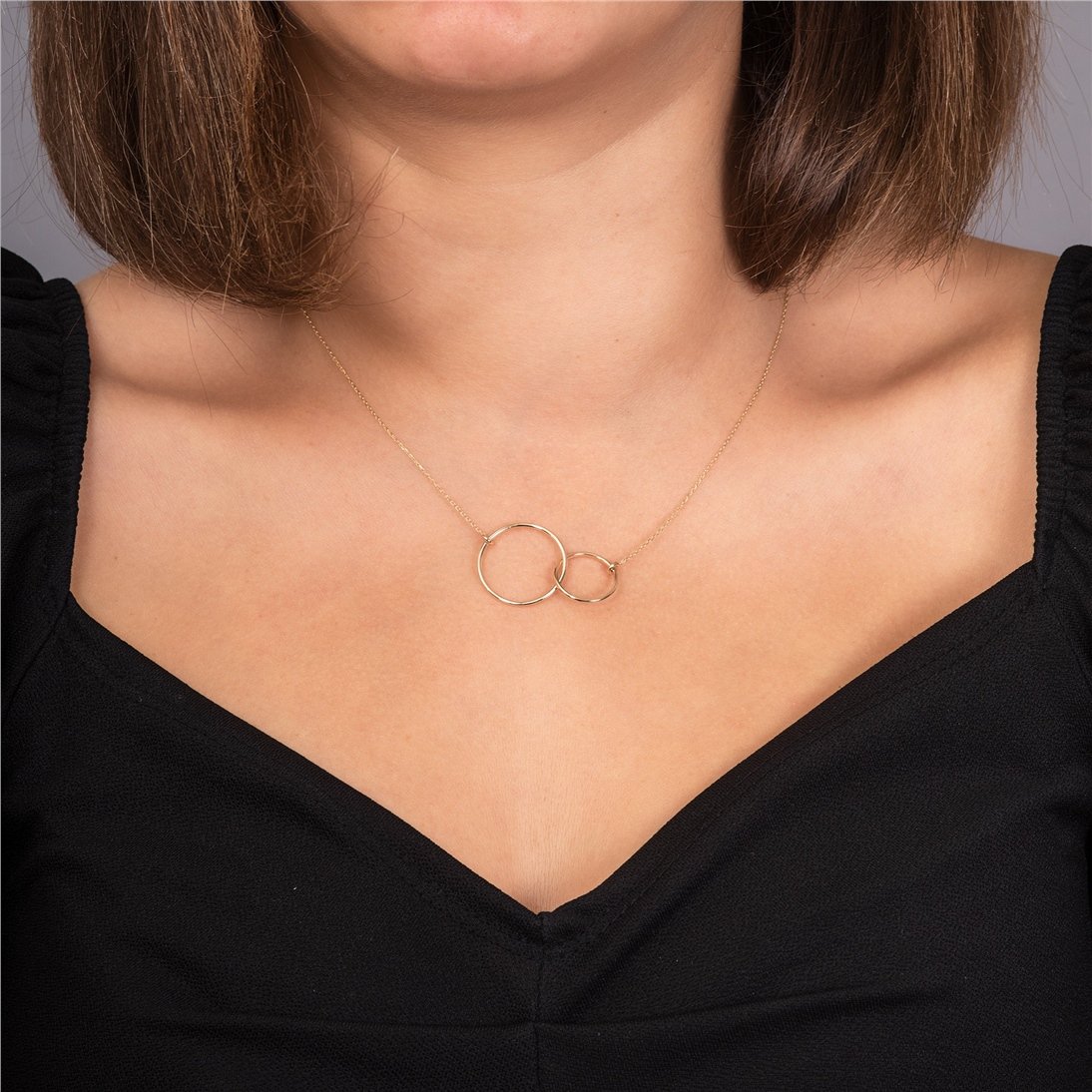 Goldstore-14K 18K Gold Interlocking Double Circle Necklace,  Entwined Ring Necklace, 2 Entwined Choker Infinity Necklace Gift For Her, Couple Gift