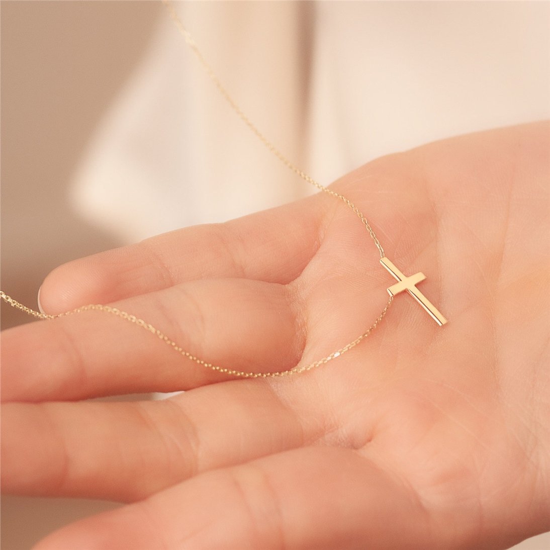 Goldstore-14k 18k Gold Sideways Cross Necklace, Solid Plain Gold Side Cross Necklace, Real Gold Sideways Vertical Cross necklace is a gift for Her.