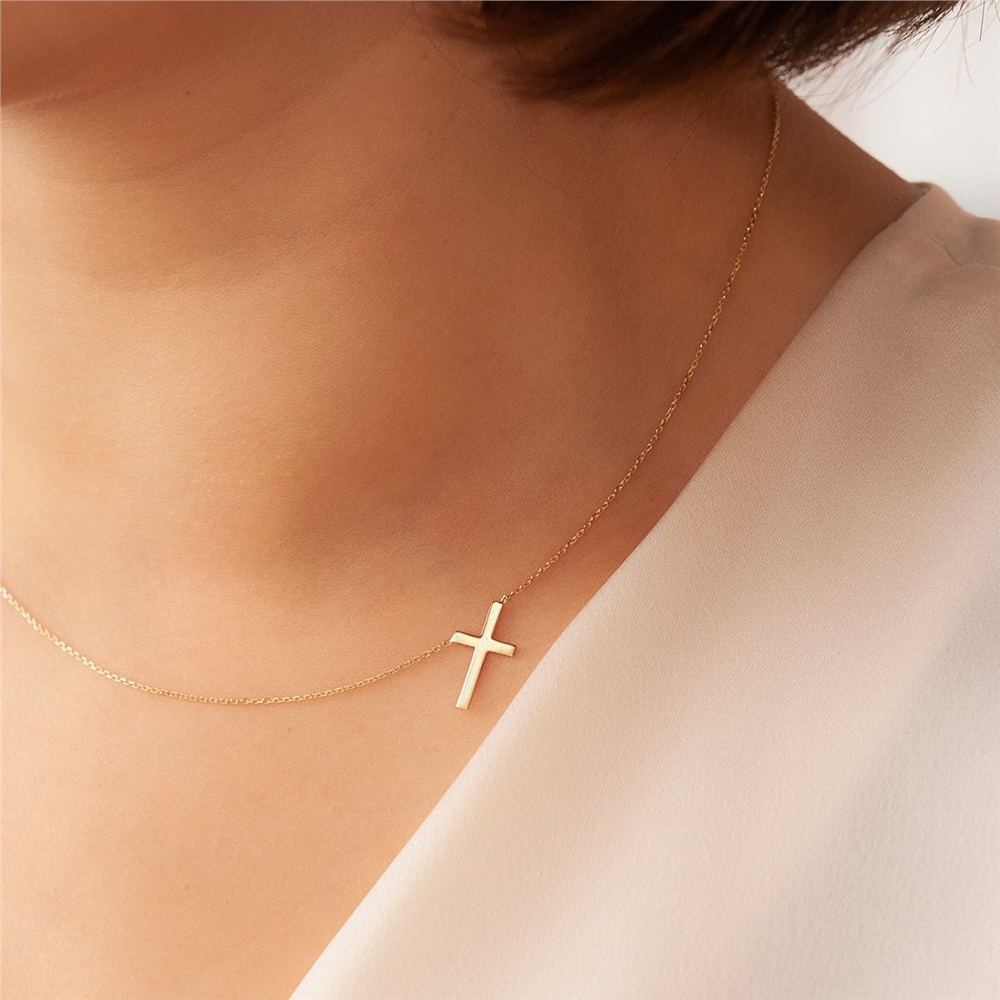 Goldstore-14k 18k Gold Sideways Cross Necklace, Solid Plain Gold Side Cross Necklace, Real Gold Sideways Vertical Cross necklace is a gift for Her.