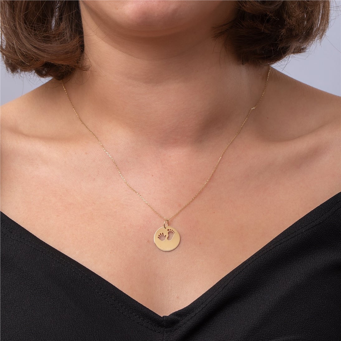 Goldstore-14K 18K Solid Custom Cutout Disk Necklace, Baby Hands Cutout Disk Pendant, Real Gold Multi Size Cute Baby Hand Necklace, New Born Gift