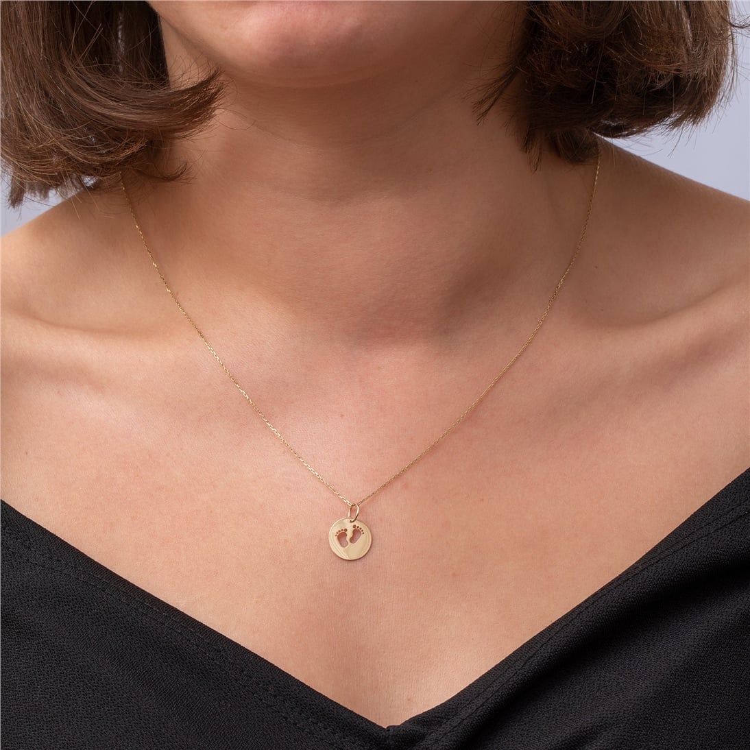 Goldstore-14K 18K Solid Custom Cutout Disk Necklace, Baby Feet Cutout Disk Pendant, Real Gold Multi Size Cute Baby Foot Necklace, New Born Gift