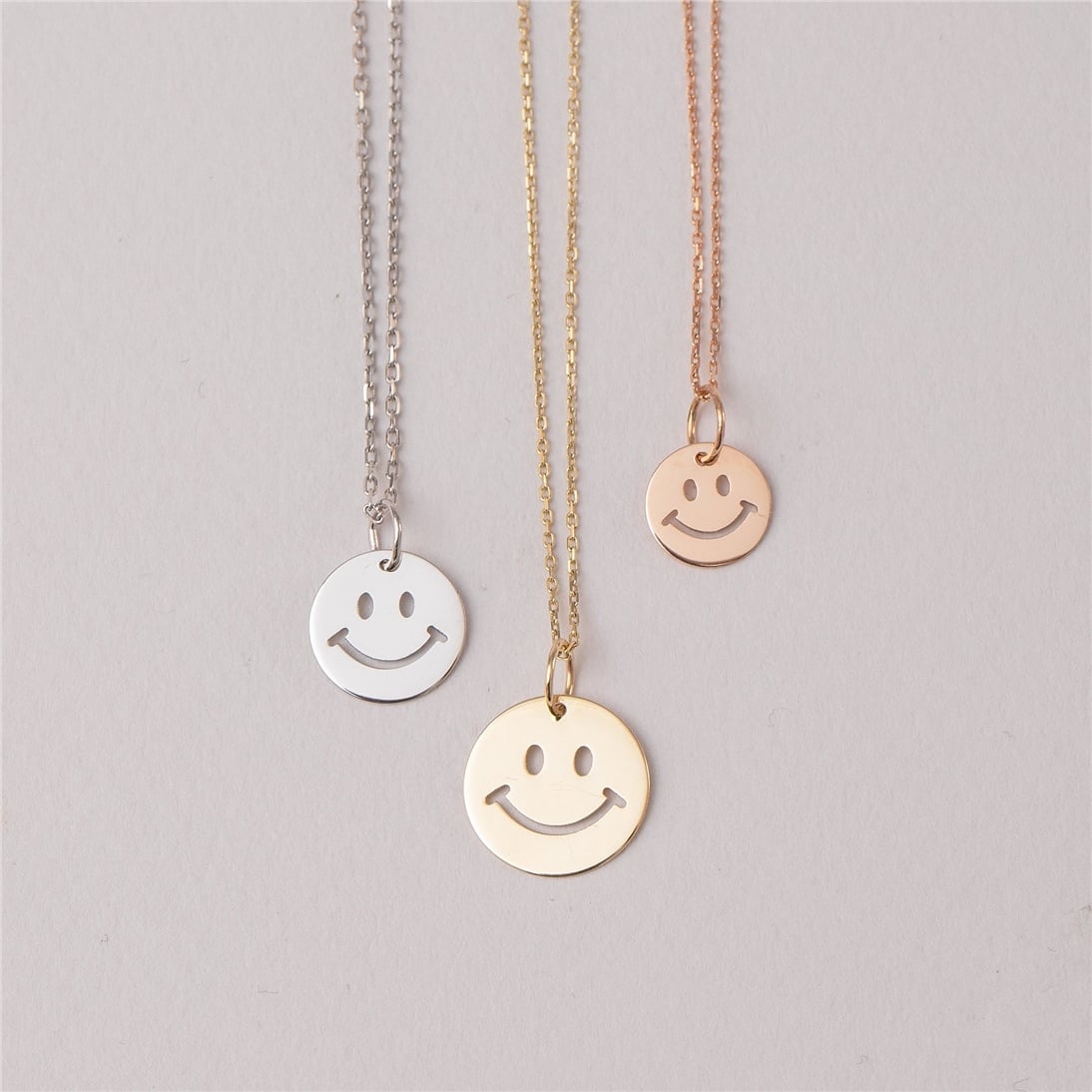 Goldstore-14K 18K Solid Custom Cutout Disk Necklace, Smiley Face Cutout Disk Pendant, Real Gold Multi Size Cute Happy Face Necklace, New Born Gift