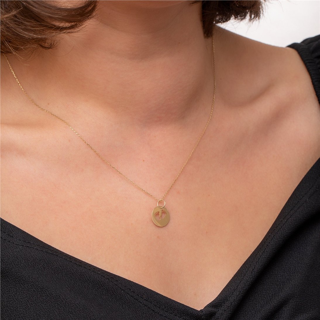 Goldstore-14K 18K Solid Custom Cutout Disk Necklace, Baby Feet Cutout Disk Pendant, Real Gold Multi Size Cute Baby Foot Necklace, New Born Gift