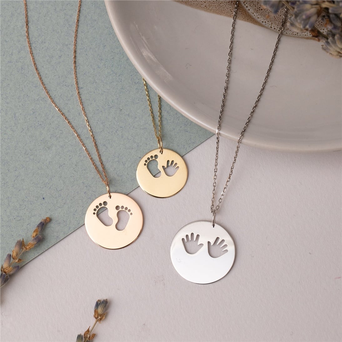 Goldstore-14K 18K Solid Custom Cutout Disk Necklace, Baby Hands Cutout Disk Pendant, Real Gold Multi Size Cute Baby Hand Necklace, New Born Gift