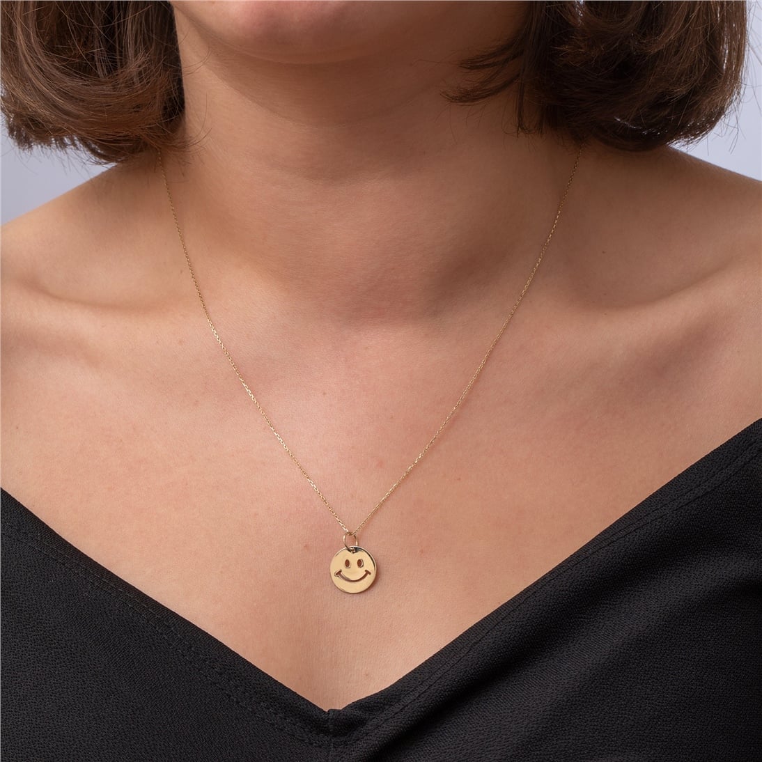 Goldstore-14K 18K Solid Custom Cutout Disk Necklace, Smiley Face Cutout Disk Pendant, Real Gold Multi Size Cute Happy Face Necklace, New Born Gift
