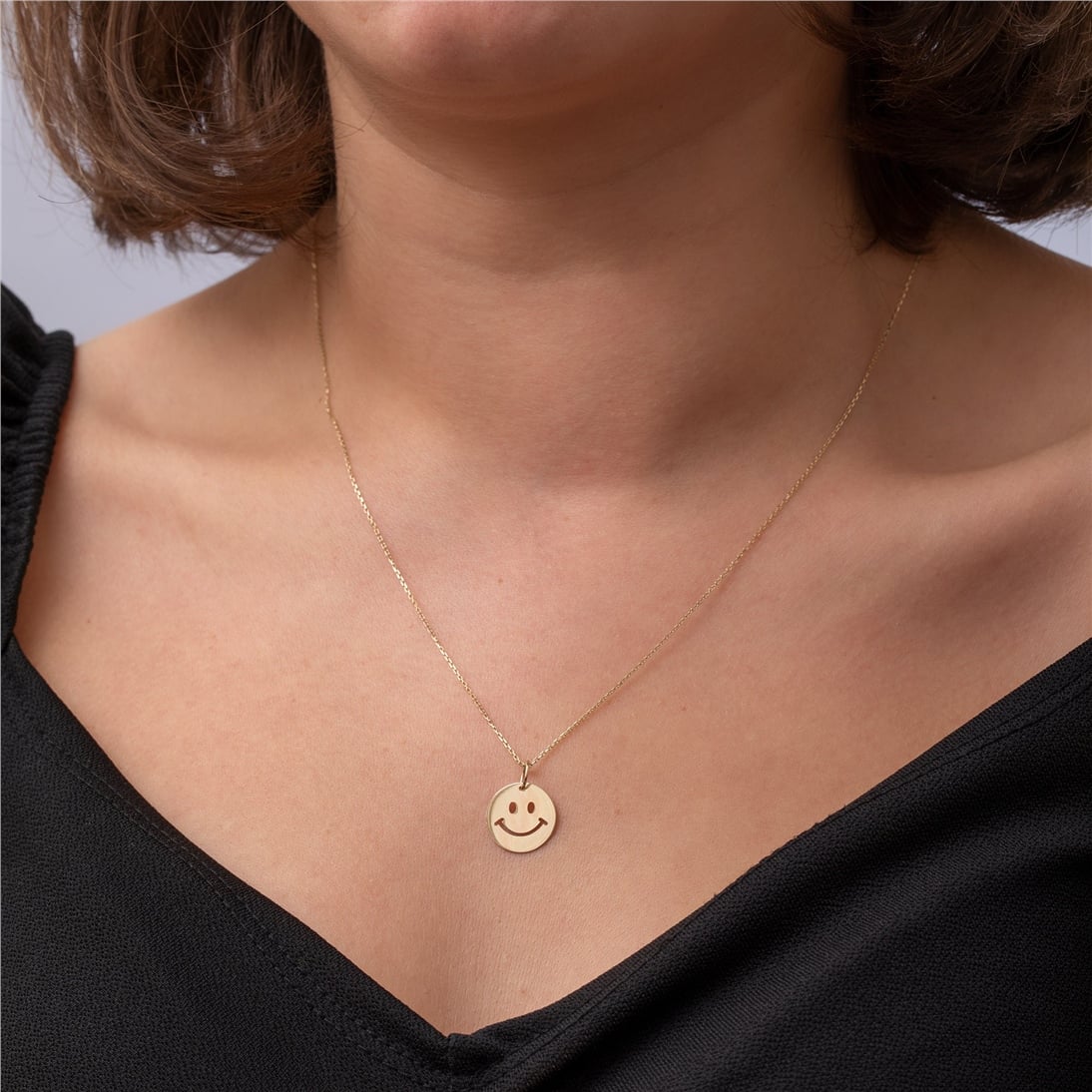 Goldstore-14K 18K Solid Custom Cutout Disk Necklace, Smiley Face Cutout Disk Pendant, Real Gold Multi Size Cute Happy Face Necklace, New Born Gift