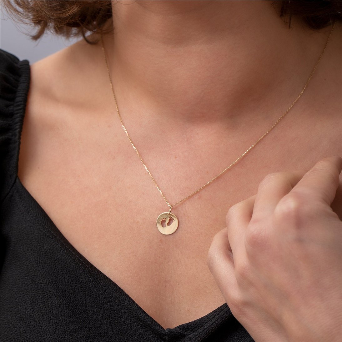 Goldstore-14K 18K Solid Custom Cutout Disk Necklace, Baby Feet Cutout Disk Pendant, Real Gold Multi Size Cute Baby Foot Necklace, New Born Gift