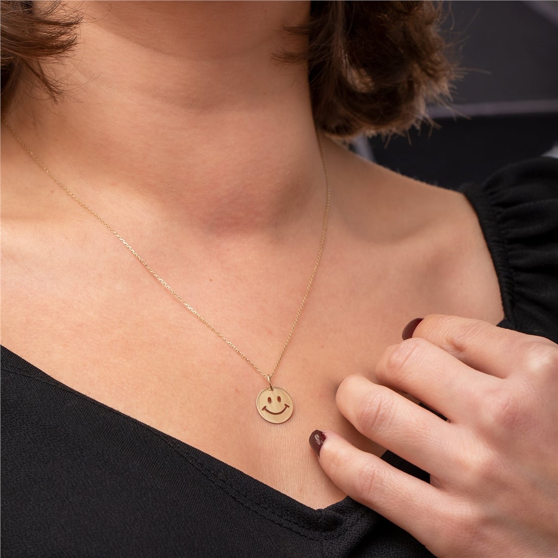 Goldstore-14K 18K Solid Custom Cutout Disk Necklace, Smiley Face Cutout Disk Pendant, Real Gold Multi Size Cute Happy Face Necklace, New Born Gift