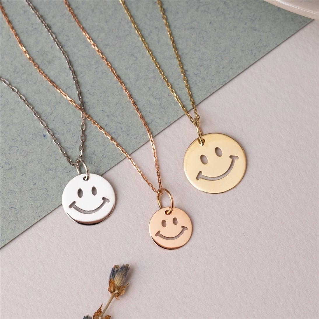Goldstore-14K 18K Solid Custom Cutout Disk Necklace, Smiley Face Cutout Disk Pendant, Real Gold Multi Size Cute Happy Face Necklace, New Born Gift