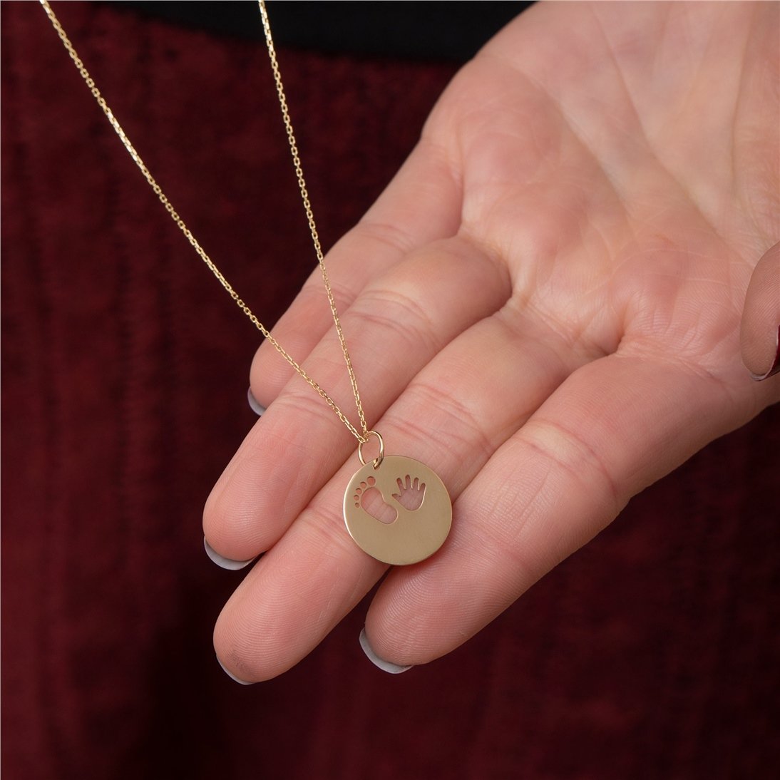Goldstore-14K 18K Solid Custom Cutout Disk Necklace, Baby Hands Cutout Disk Pendant, Real Gold Multi Size Cute Baby Hand Necklace, New Born Gift