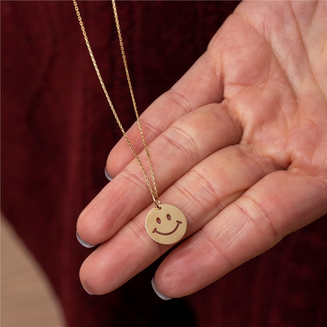 Goldstore-14K 18K Solid Custom Cutout Disk Necklace, Smiley Face Cutout Disk Pendant, Real Gold Multi Size Cute Happy Face Necklace, New Born Gift