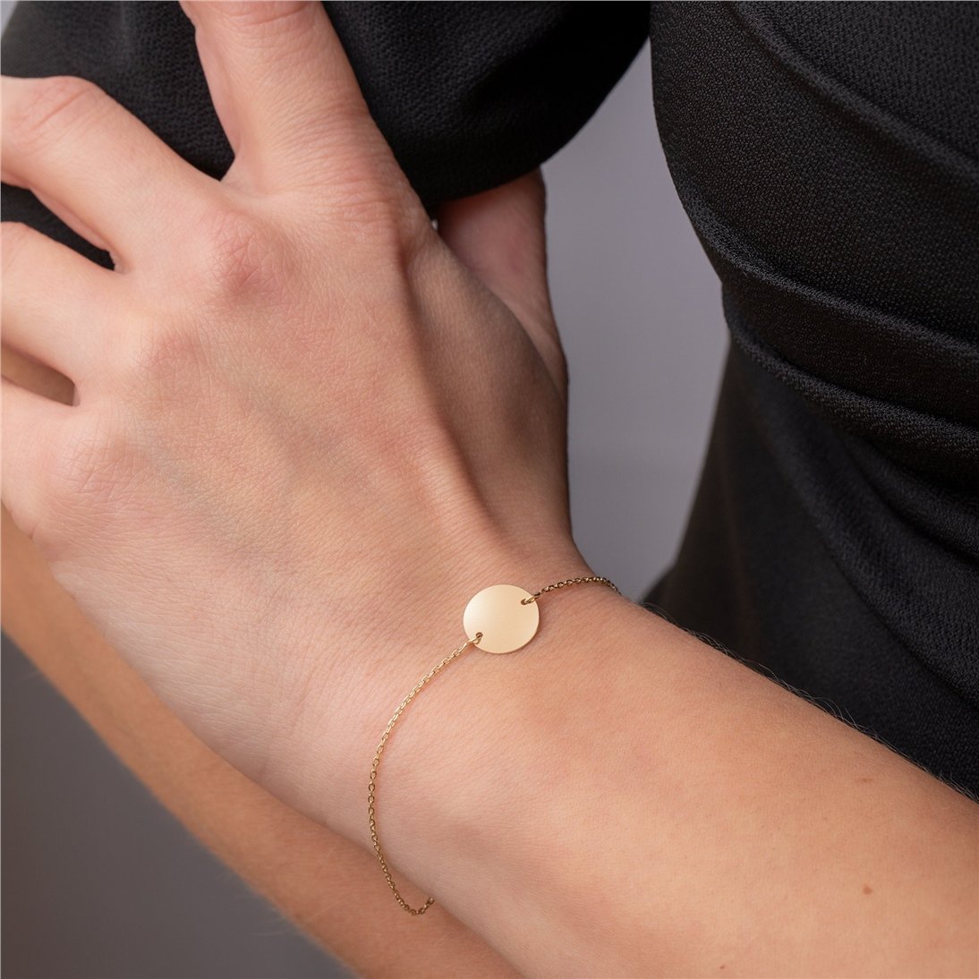 Goldstore-14K 18K Solid Custom Disk Bracelet, Personalized Name, Initial Disk Bracelet, Real Gold Everyday Jewelry, Custom Engrave Disc , Gift For Her