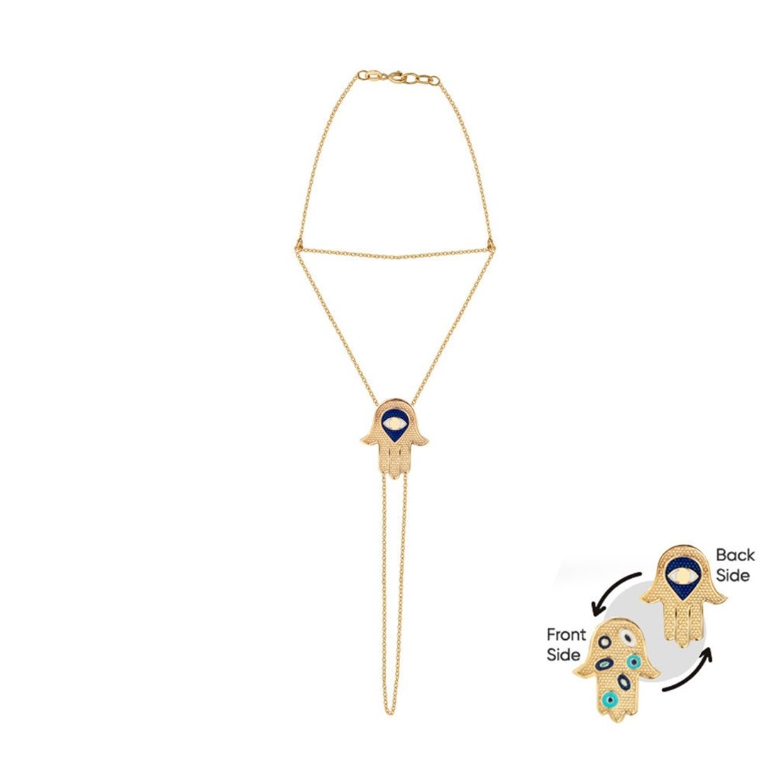 Goldstore-14k 18k Solid Gold 2 Sided Hamsa Enamel Eye Ring Bracelet, Fatima Hand Chain Slave Bracelet, Hamsa Palm Bracelet, Hamsa Palm Hand Bracelet.