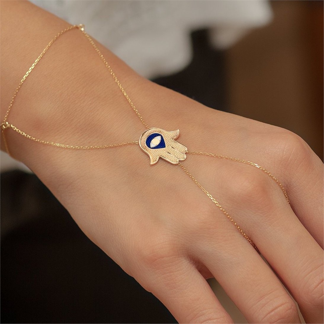 Goldstore-14k 18k Solid Gold 2 Sided Hamsa Enamel Eye Ring Bracelet, Fatima Hand Chain Slave Bracelet, Hamsa Palm Bracelet, Hamsa Palm Hand Bracelet.