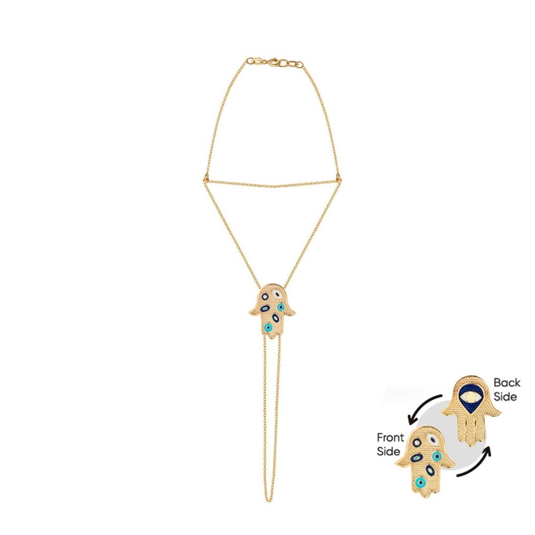 Goldstore-14k 18k Solid Gold 2 Sided Hamsa Enamel Eye Ring Bracelet, Fatima Hand Chain Slave Bracelet, Hamsa Palm Bracelet, Hamsa Palm Hand Bracelet.