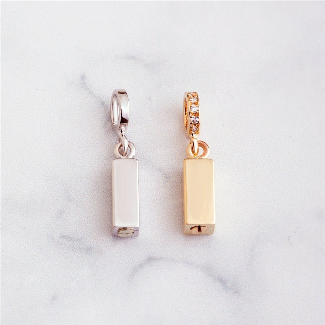 Goldstore-14k 18k Solid Gold 4 Side Bar Urn Pendant For Necklace or Bracelet, Custom Initial Engraved Cremation Ash Charm Compatible European Bracelet