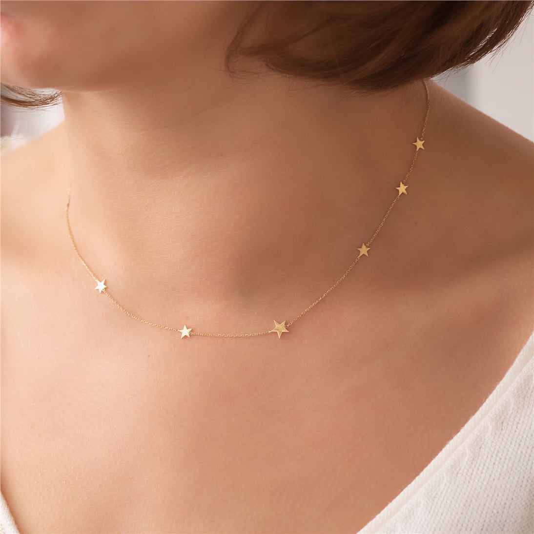 Goldstore-14k 18k Solid Gold 8 Mini Star Necklace, Random Spaced Dainty Star Necklace, Star Station Yellow White or Rose Gold Necklace is Gift For Her