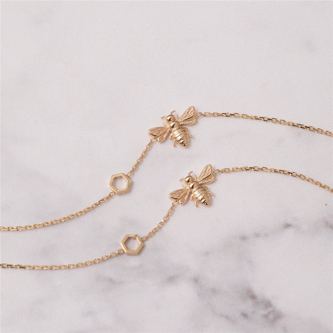 Goldstore-14K 18K Solid Gold Bee Bracelet With Honeycomb, Dainty Bumblebee Bracelet with Hexagon, Honey Bee Comb Bracelet, Cute Gift for Valentine