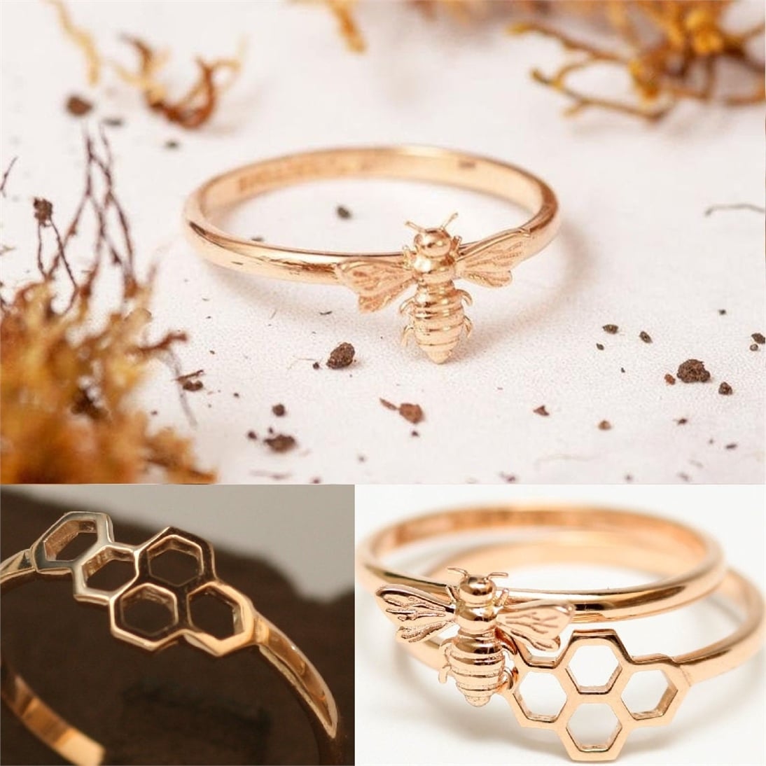 Goldstore-14k 18k Solid Gold Bee Stacking Ring, Honey Bee Engagement Real Gold Ring, Honeycomb & Bee Ring Set, Bumble Bee Rose Gold Ring is a Gift For