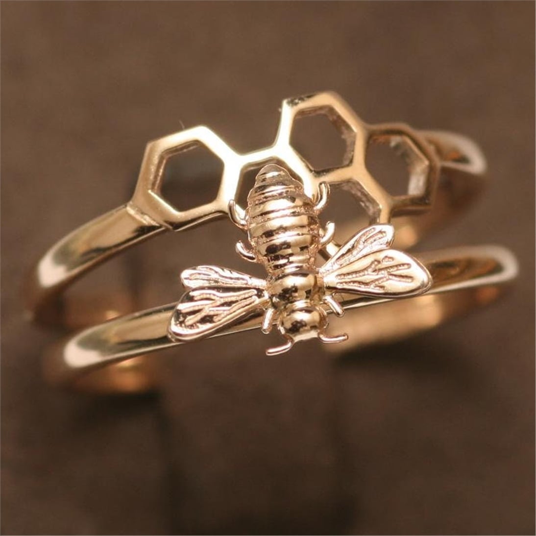 Goldstore-14k 18k Solid Gold Bee Stacking Ring, Honey Bee Engagement Real Gold Ring, Honeycomb & Bee Ring Set, Bumble Bee Rose Gold Ring is a Gift For