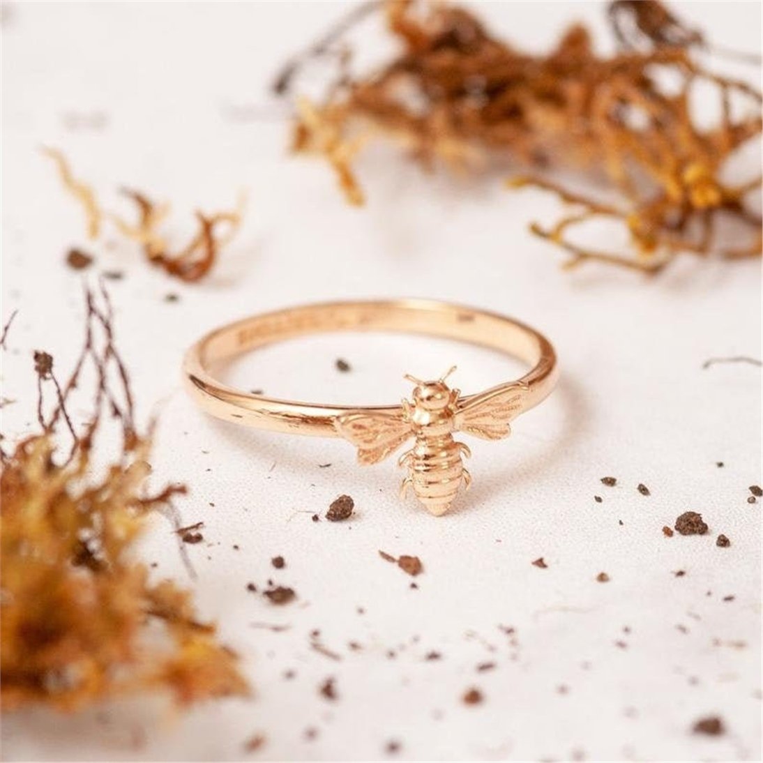 Goldstore-14k 18k Solid Gold Bee Stacking Ring, Honey Bee Engagement Real Gold Ring, Honeycomb & Bee Ring Set, Bumble Bee Rose Gold Ring is a Gift For