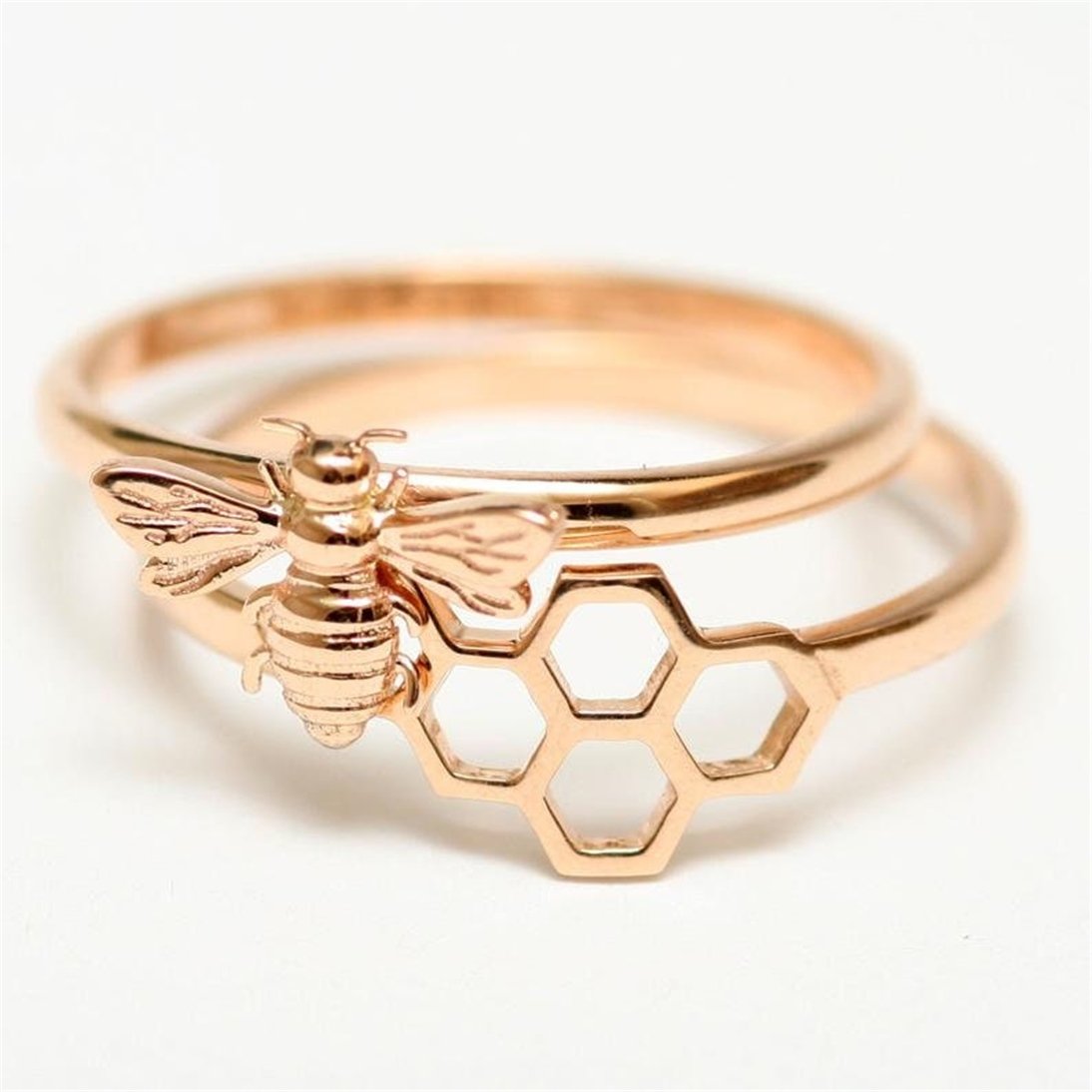 Goldstore-14k 18k Solid Gold Bee Stacking Ring, Honey Bee Engagement Real Gold Ring, Honeycomb & Bee Ring Set, Bumble Bee Rose Gold Ring is a Gift For