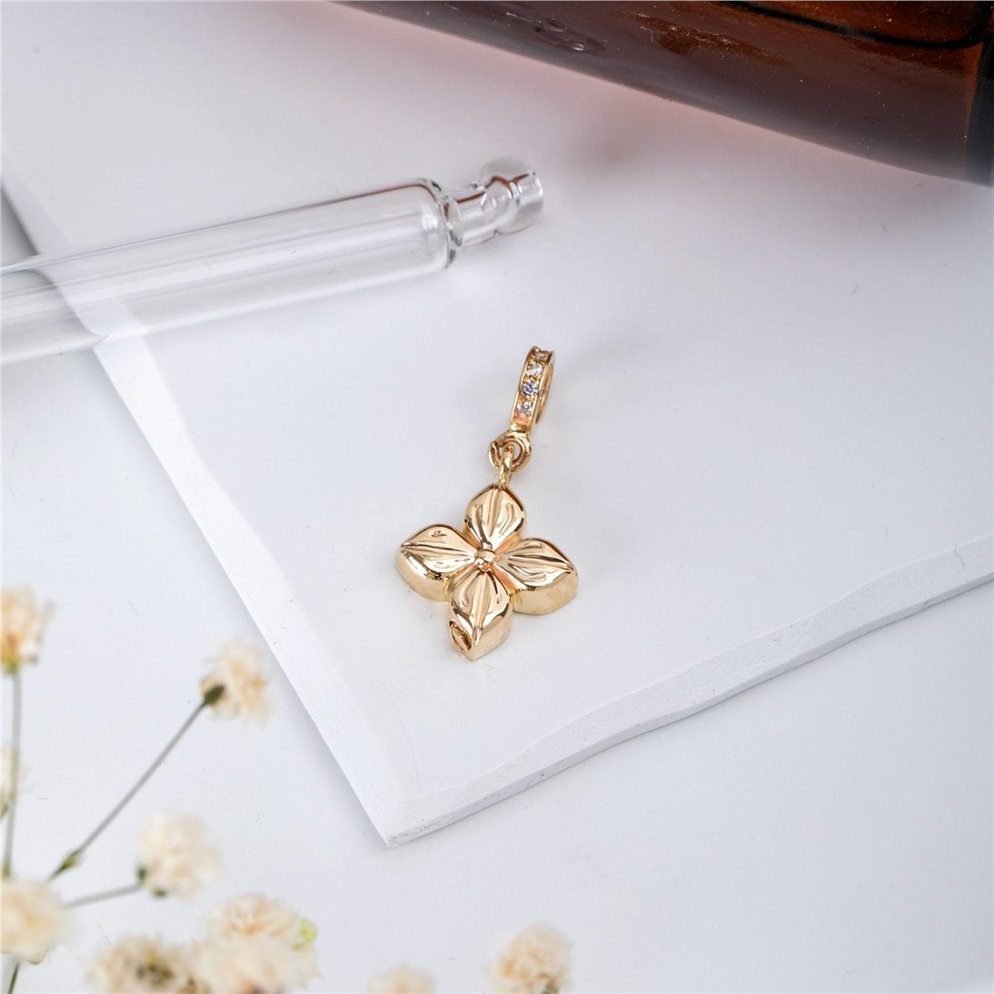Goldstore-14K 18K Solid Gold Cremation Dogwood Urn Flower Necklace, Real Gold Memorial Hydrangea Pendant, Personalize Cremation Mom Dad Son Ash Holder