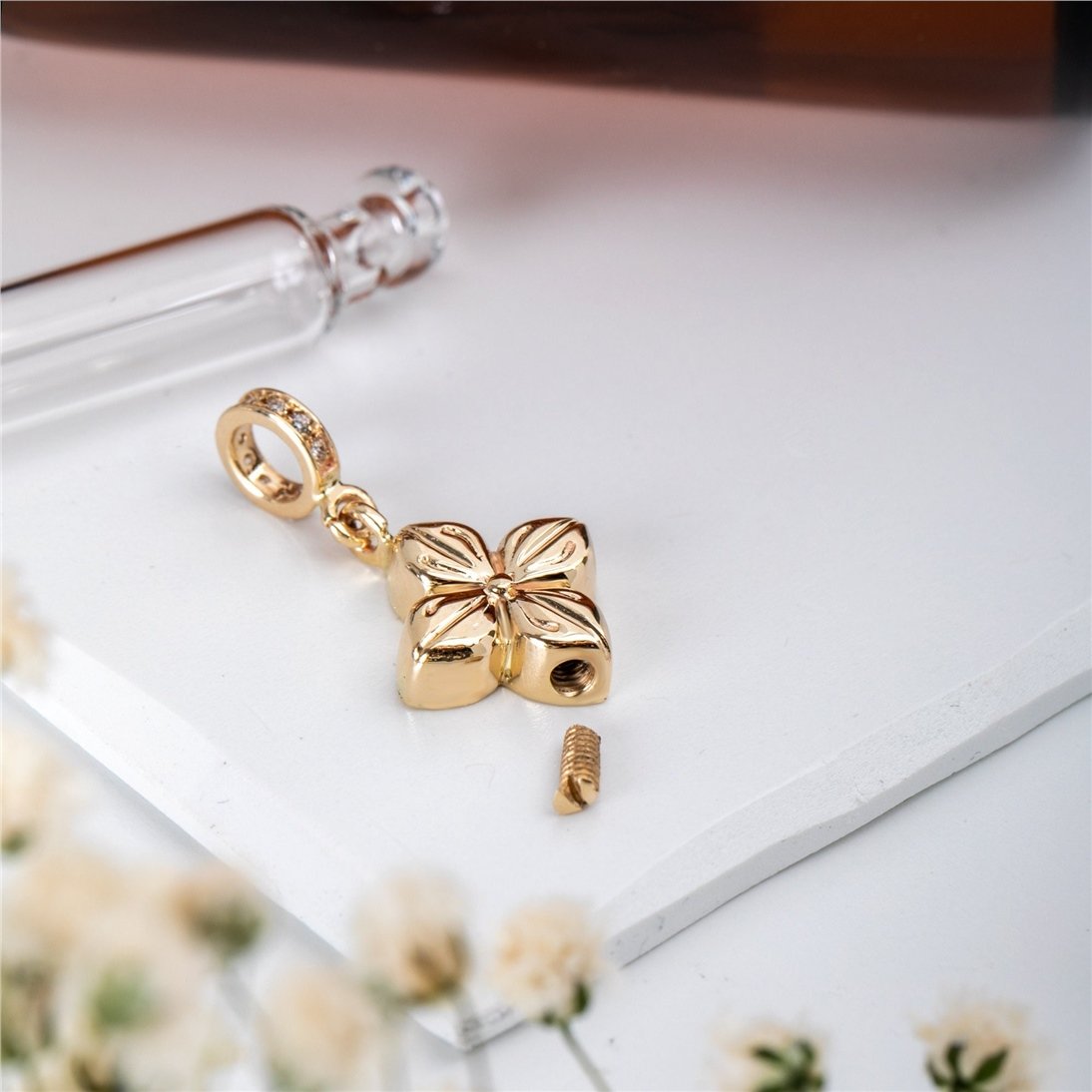 Goldstore-14K 18K Solid Gold Cremation Dogwood Urn Flower Necklace, Real Gold Memorial Hydrangea Pendant, Personalize Cremation Mom Dad Son Ash Holder