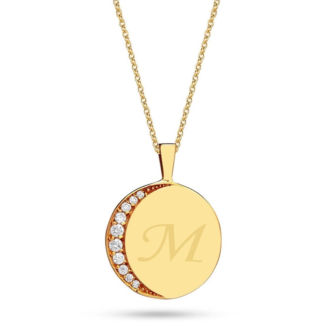 Goldstore-14K 18K Solid Gold Crescent Moon And Engraved Name Medallion Necklace. Elegant Personalized Crescent Moon And Engrave Initial Gold Necklace.