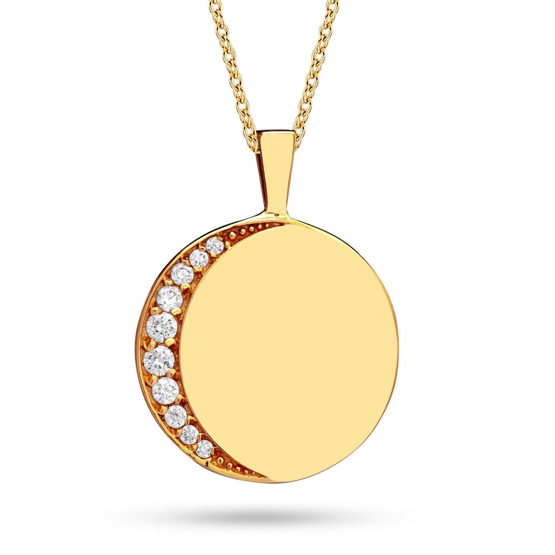 Goldstore-14K 18K Solid Gold Crescent Moon And Engraved Name Medallion Necklace. Elegant Personalized Crescent Moon And Engrave Initial Gold Necklace.