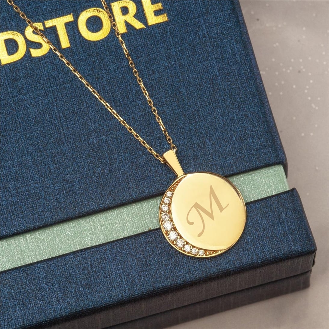 Goldstore-14K 18K Solid Gold Crescent Moon And Engraved Name Medallion Necklace. Elegant Personalized Crescent Moon And Engrave Initial Gold Necklace.