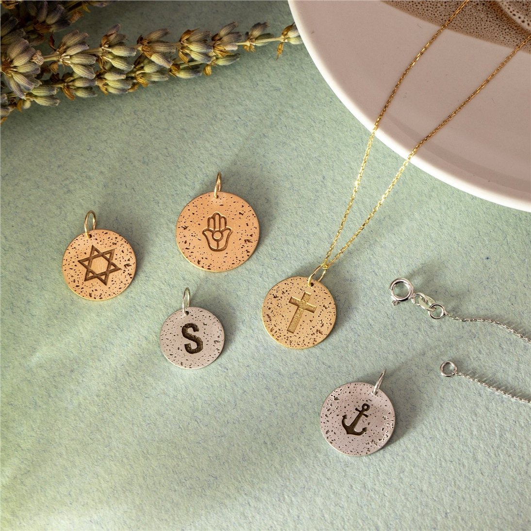 Goldstore-14K 18K Solid Gold Custom Aged Disc Necklace, Minimal Aged Initial & Symbol Disc Pendant, Vintage-Retro Look Handmade Jewelry, Gift For Her