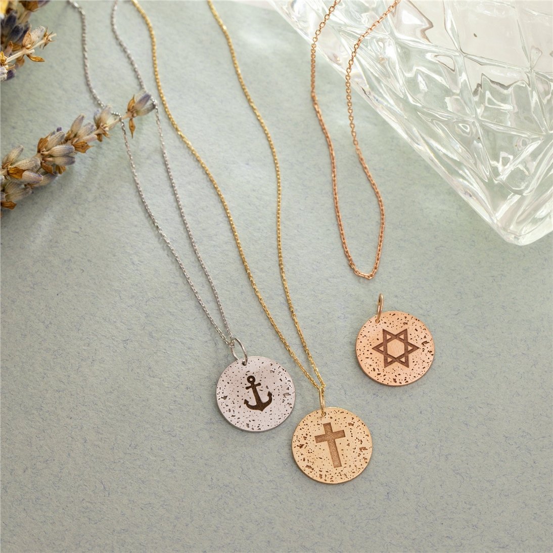 Goldstore-14K 18K Solid Gold Custom Aged Disc Necklace, Minimal Aged Initial & Symbol Disc Pendant, Vintage-Retro Look Handmade Jewelry, Gift For Her