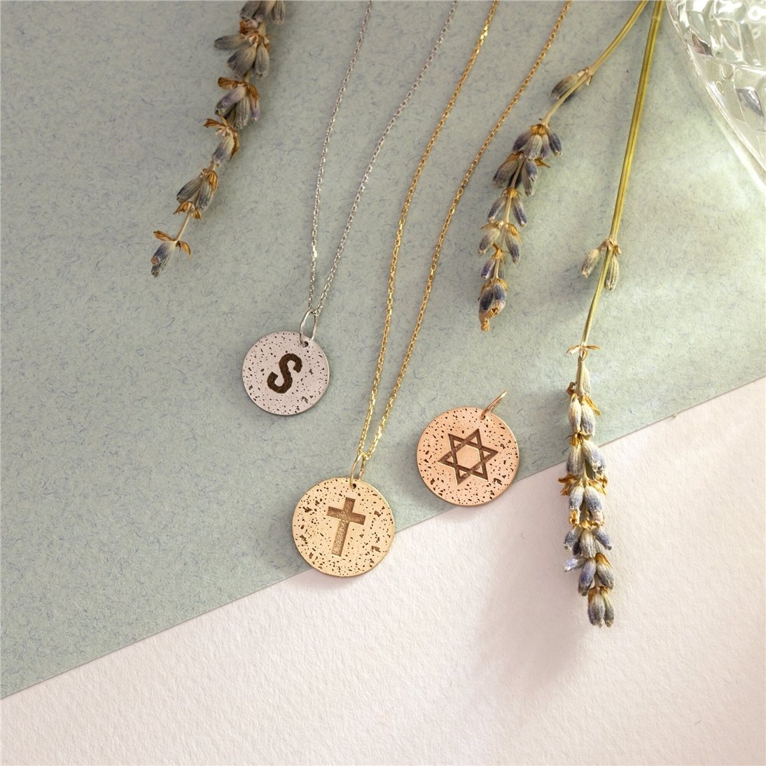 Goldstore-14K 18K Solid Gold Custom Aged Disc Necklace, Minimal Aged Initial & Symbol Disc Pendant, Vintage-Retro Look Handmade Jewelry, Gift For Her