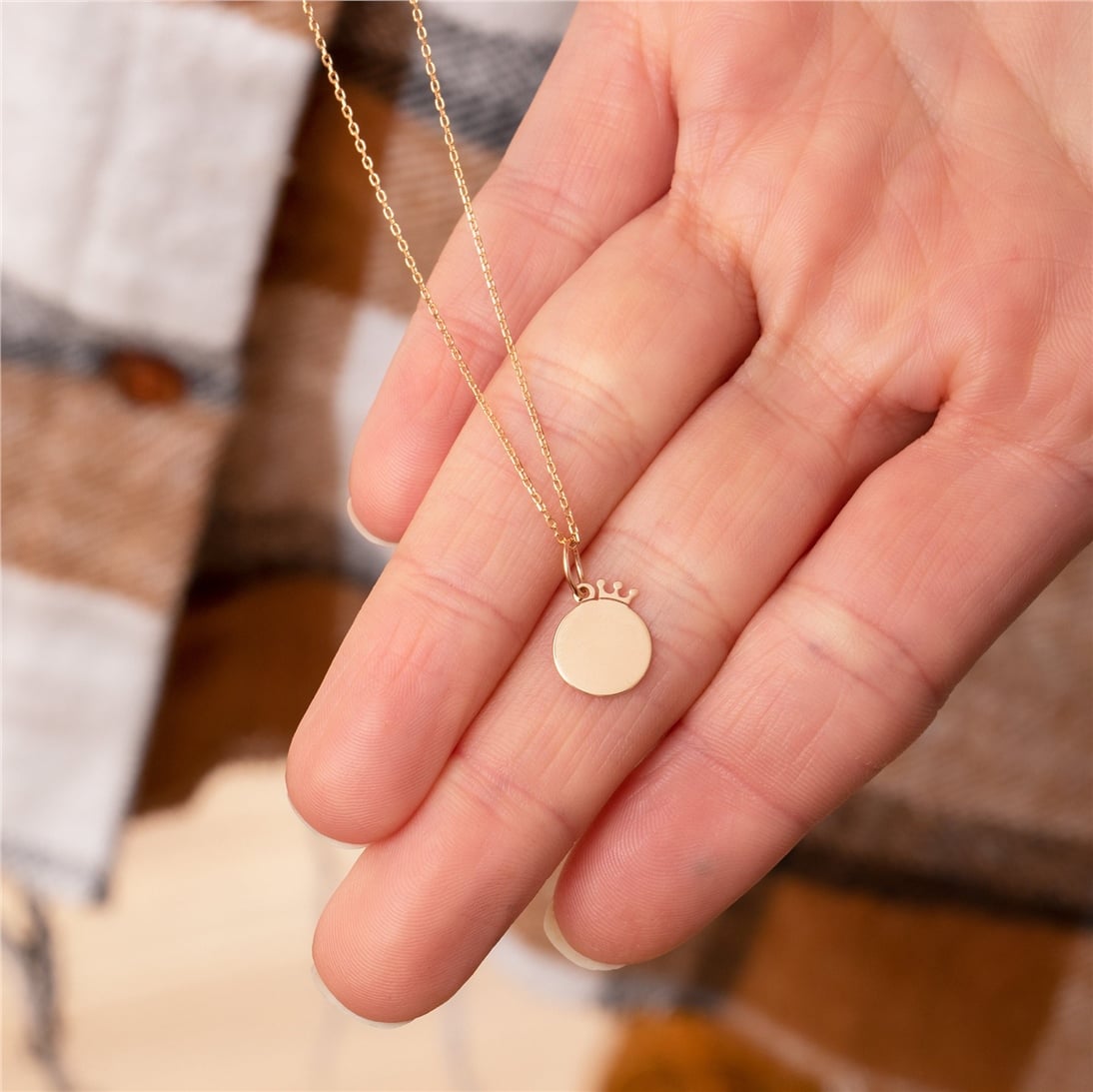 Goldstore-14K 18K Solid Gold Custom Crown Disc Necklace, Personalized Queen & King Crown Disc Pendant, Tiny Cute Crown Charm, Engravable Disc Necklace