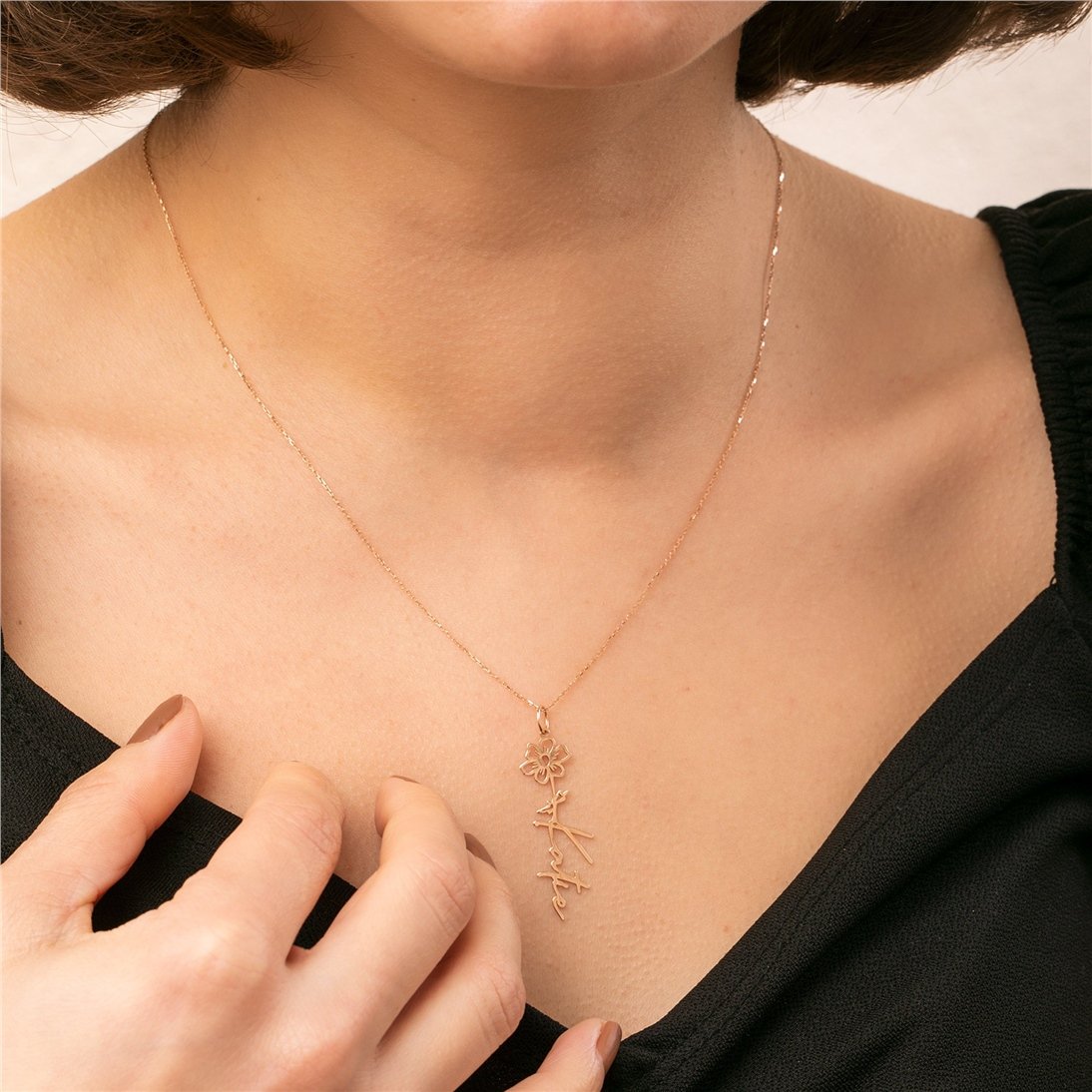 Goldstore-14K 18K Solid Gold Custom Dainty Birth Flower Necklace, Minimal Floral Name Pendant, Personalized Name Necklace, Perfect Gift For Her