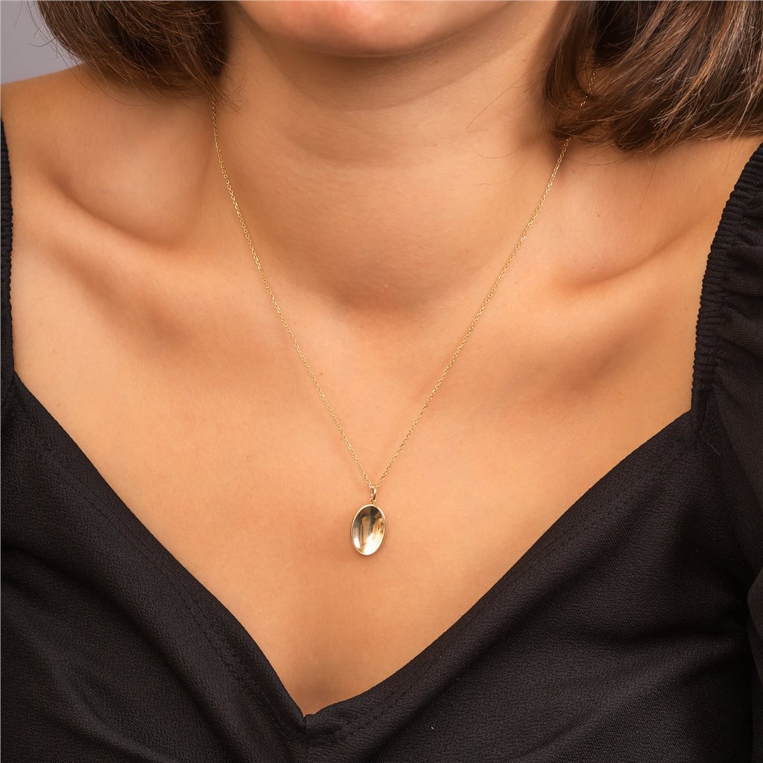 Goldstore-14K 18K Solid Gold Custom Protection Mirror Necklace, Dainty Curved Spiritual Pendant, Negative Energy Protector Pendant, Best Gift For Her